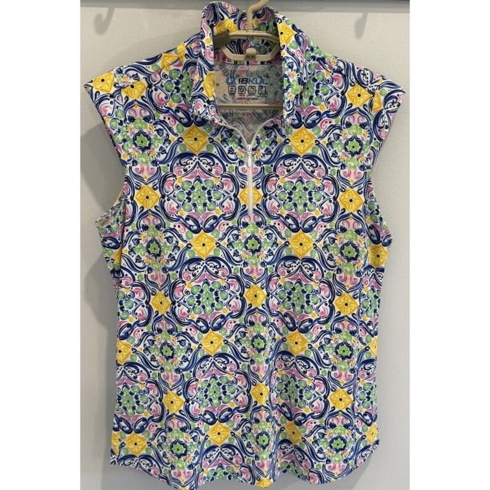 IBKUL Cap Sleeve 1/4 Zip Shirt UPF 50+ Blue Green Yellow Print Size L
